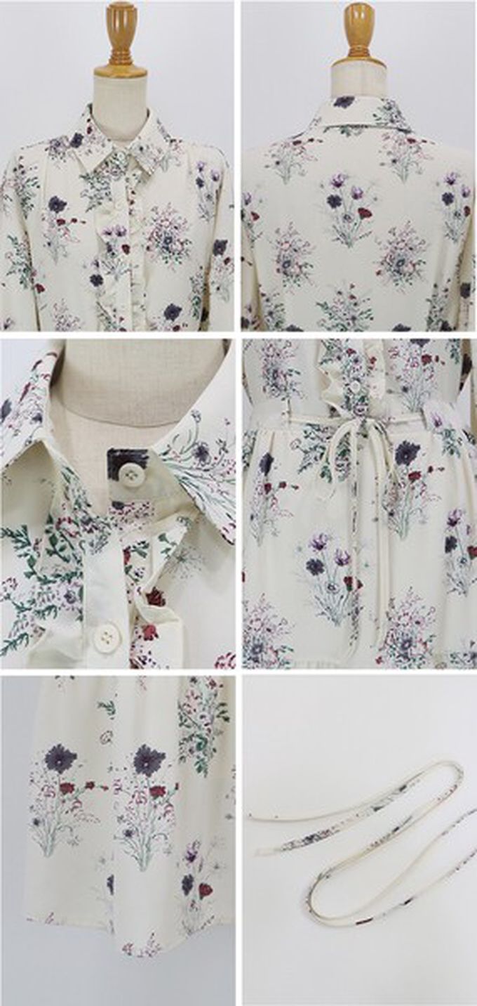 日本 BLUE EAST - 荷葉邊領唯美花卉長袖洋裝(腰抽繩)-米杏