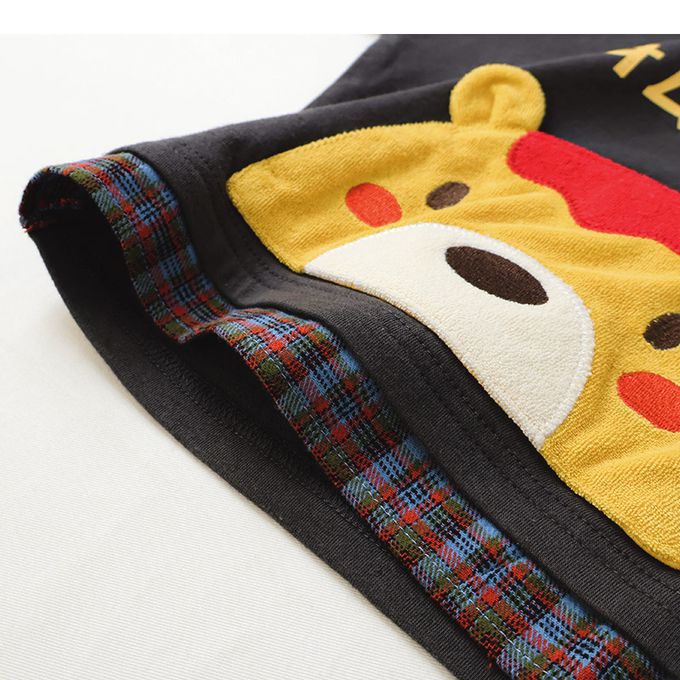 日本 ZOOLAND - 俏皮印花格紋拼接長袖上衣-療癒咖哩飯-酒紅