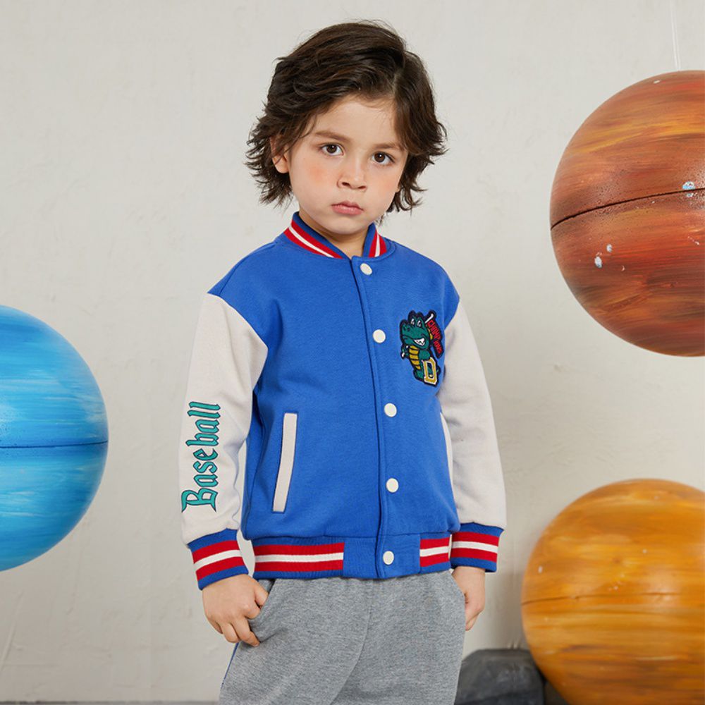 童趣拼色棒球外套-驕傲壞壞恐龍-深藍+杏