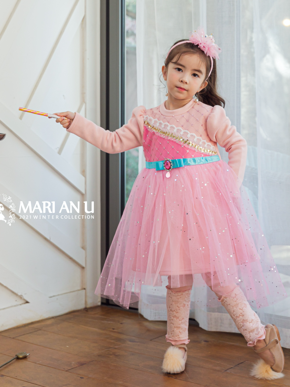 韓國 Mari an u - 粉紅女神網紗洋裝-粉紅