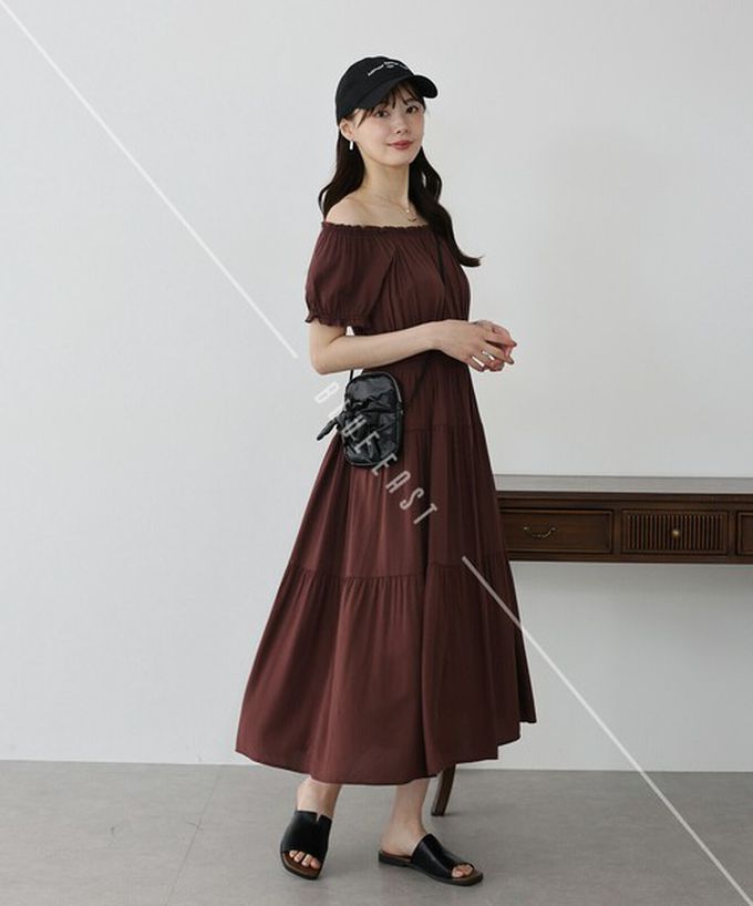 日本 BLUE EAST - 一字領2way露肩迷人短袖洋裝-素面-黑