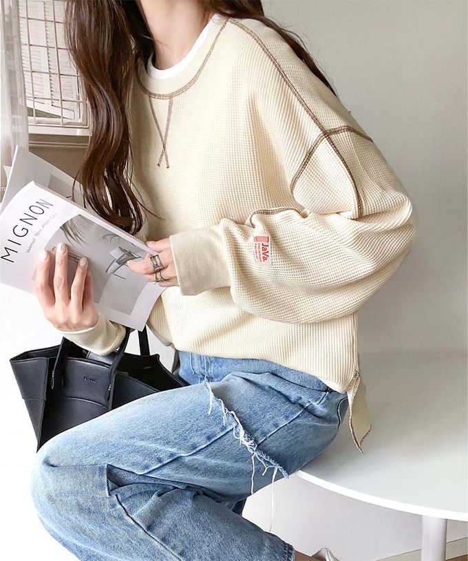 日本 Classical Elf - Java 華夫格車線薄長袖上衣-煙燻粉