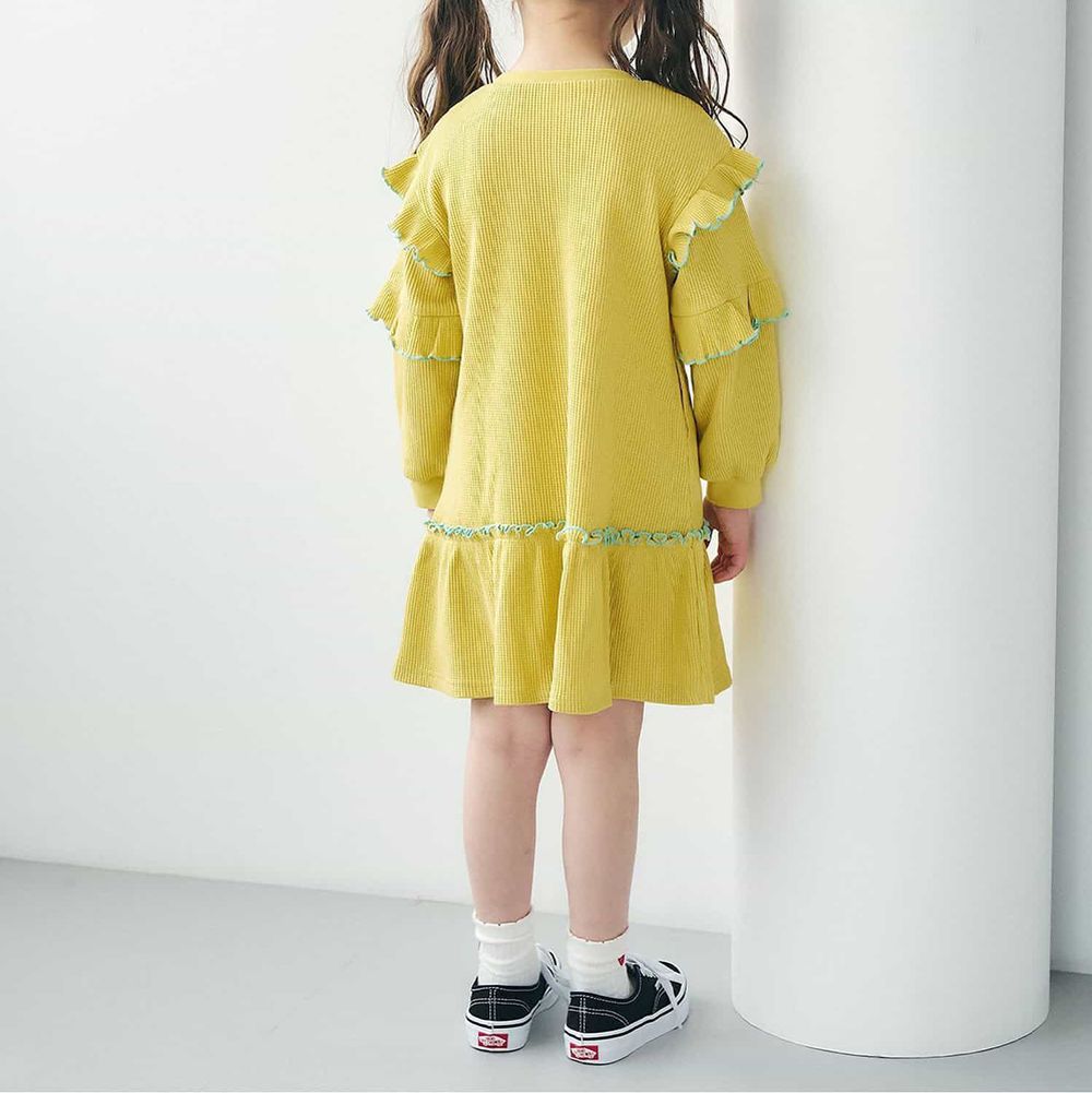 甜美荷葉分層華夫格長袖洋裝-黃