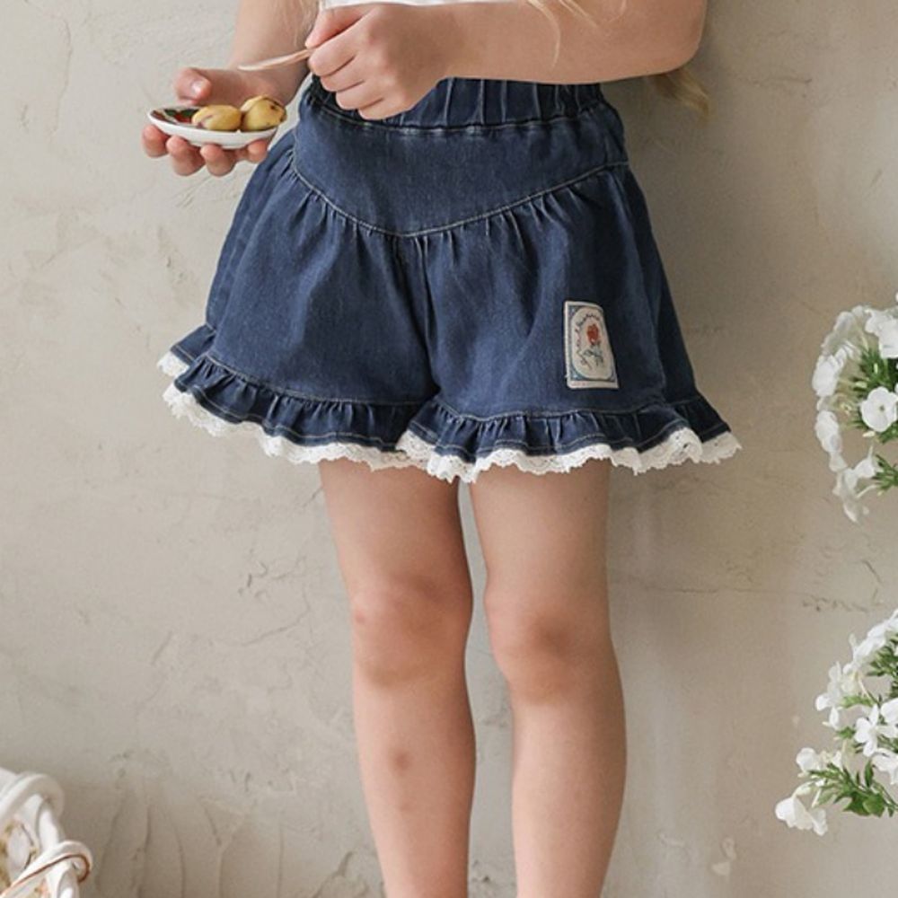 Puellaflo 鬆緊腰蕾絲荷葉擺花邊短褲-深藍