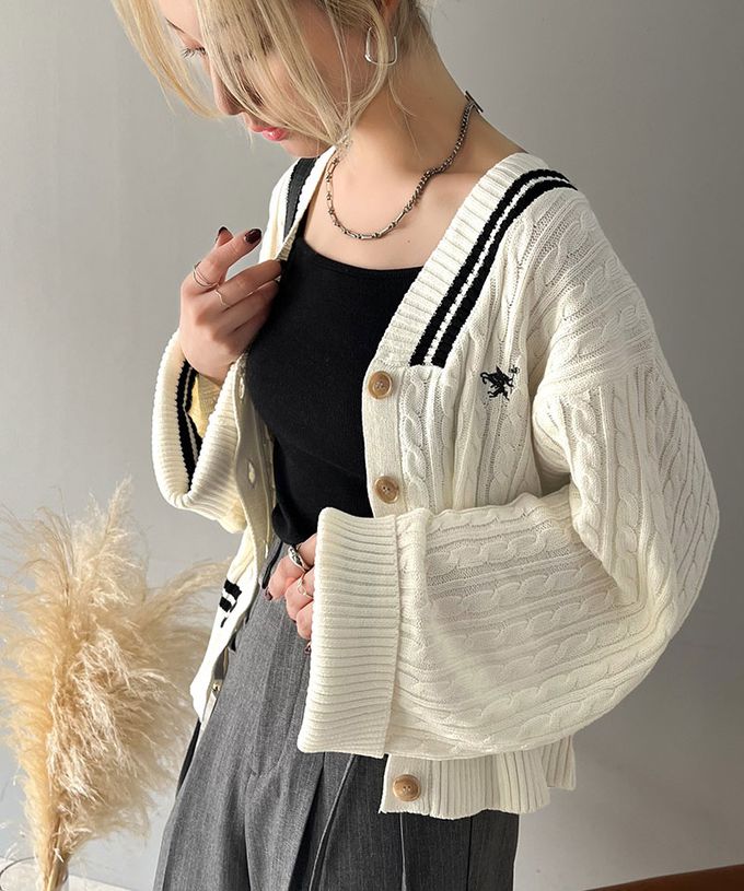 日本 Classical Elf - 顯瘦大V領麻花線條針織寬袖開襟衫-棕