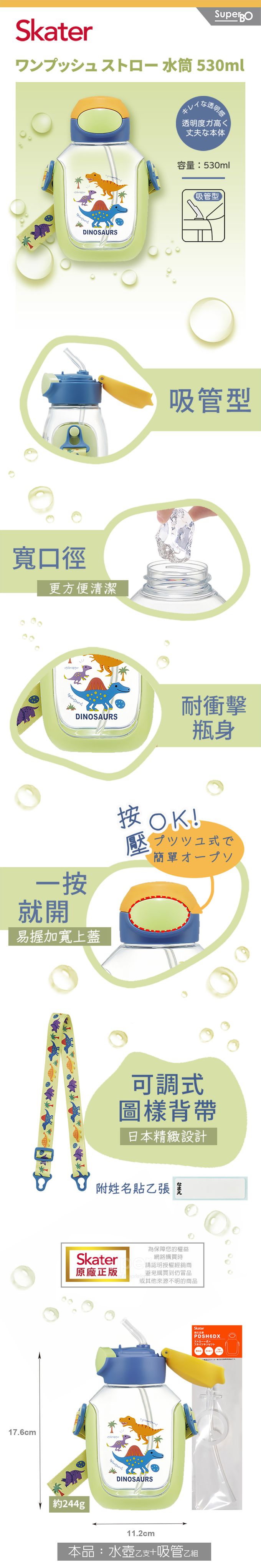 日本 SKATER - 6DX吸管水壺+吸管組-恐龍圖鑑-530ml