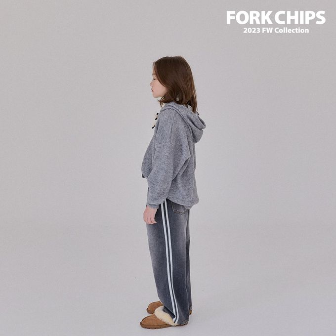韓國 FORK CHIPS - (內磨毛)鬆緊腰雙線條點綴牛仔長褲-黑灰