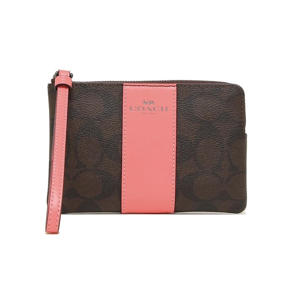 拼接皮革L型拉鍊手拿包 (咖啡胭脂粉)