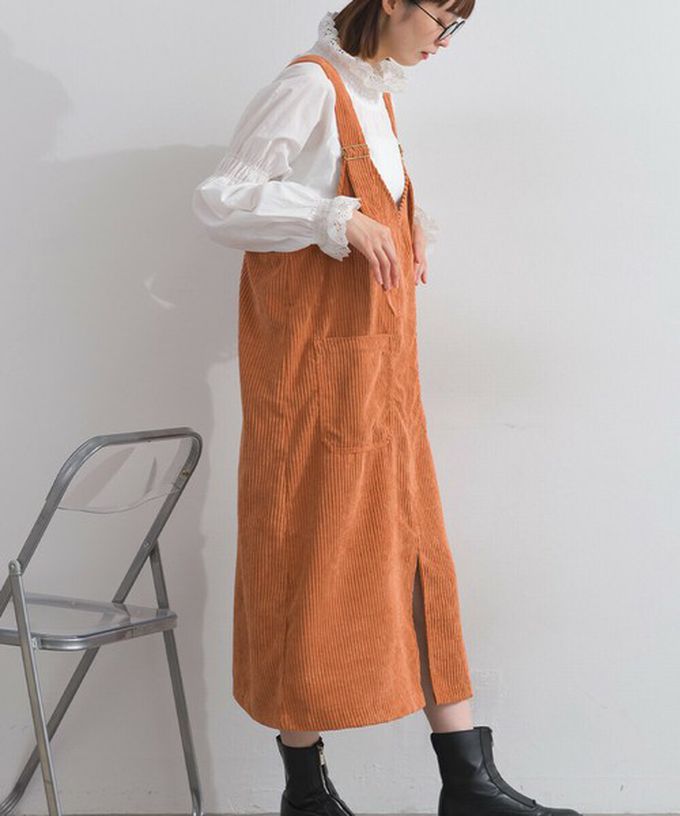 日本 Lupilien - 可愛厚實燈芯絨開叉吊帶裙-象牙