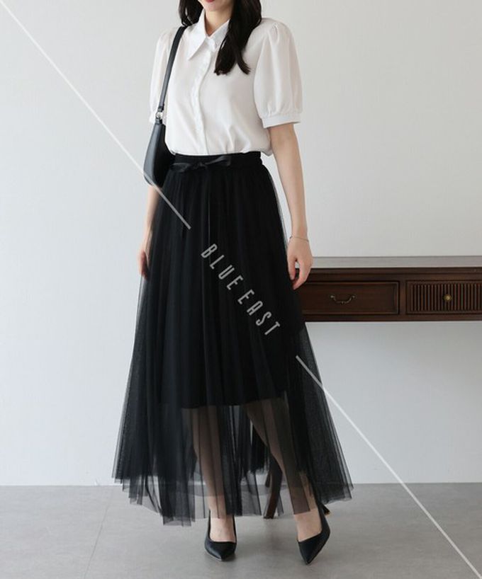 日本 BLUE EAST - 浪漫豐盈蝴蝶結綁帶薄紗裙-素色-黑