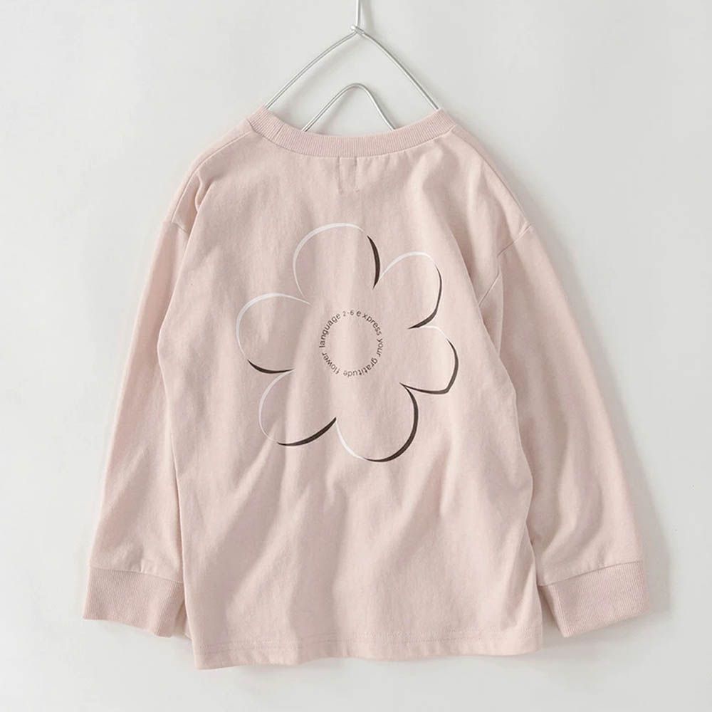 100%棉 可愛女孩印花長袖上衣-背後花朵-粉紅