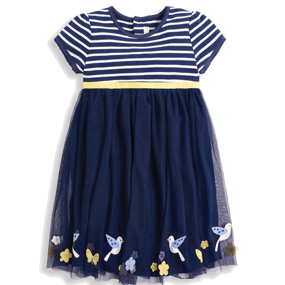 英國 JoJo Maman BeBe - 超優質嬰幼兒/兒童100％純棉薄紗短袖洋裝-藍紗鳥語花香