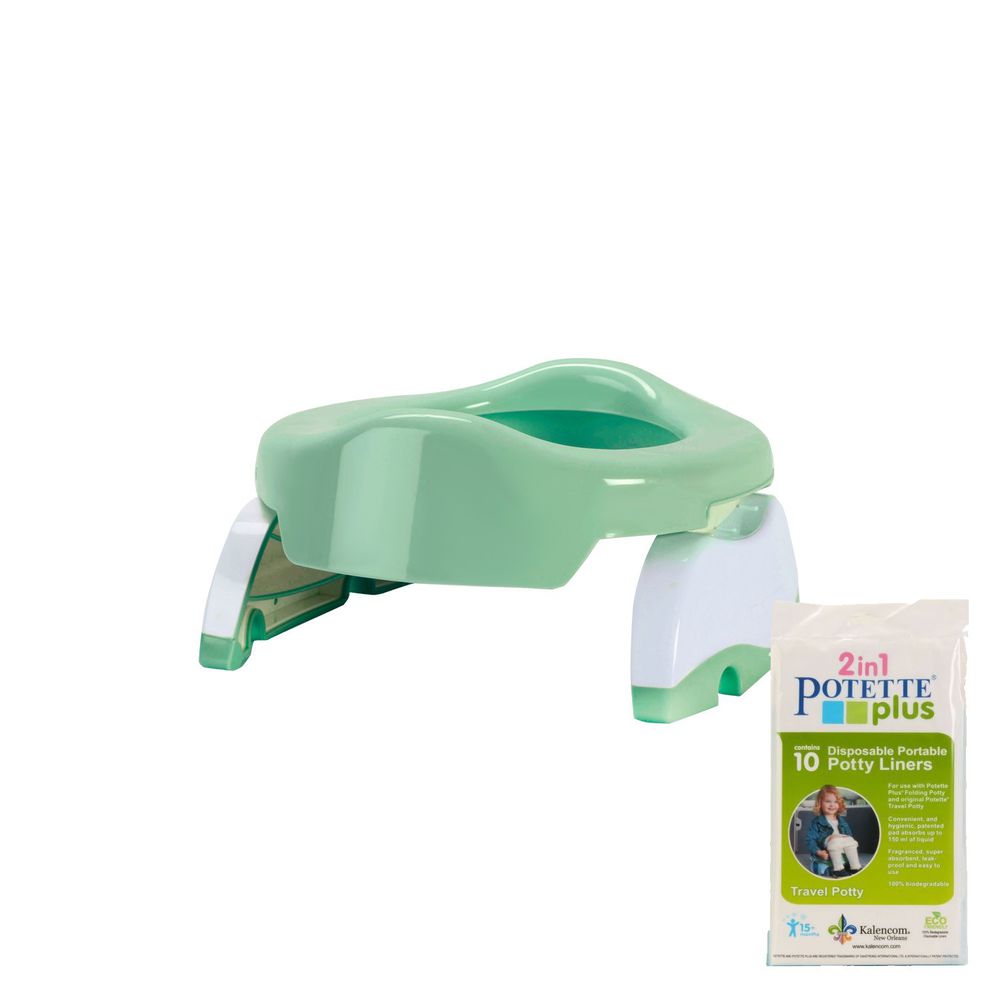 美國 Potette Plus - 可攜式馬桶-薄荷綠+拋棄式防漏袋10入裝)