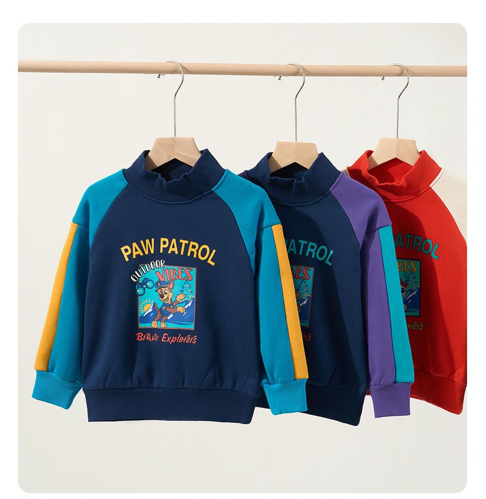 卡通汪汪隊加絨半高領拼接長袖上衣-卡通人物阿奇-深藍+藍