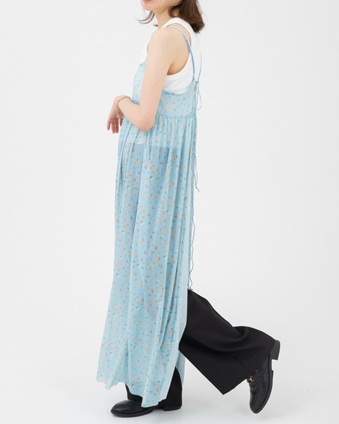 日本 gleam - 前後2way浪漫小花細肩帶薄紗洋裝-水藍