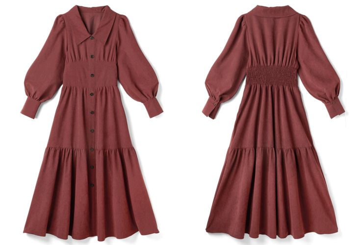 日本 GRL - 明星聯名 設計感層次蛋糕長袖翻領洋裝-深紅