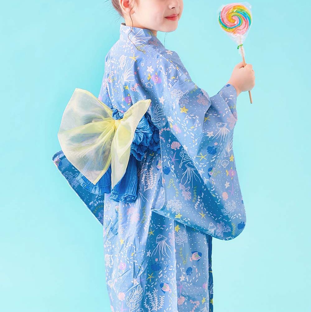 純棉方便穿套頭式夏日夢幻浴衣(2件組)-海洋貝殼-藍