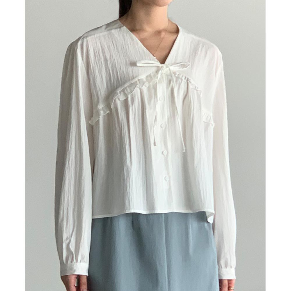 韓國女裝連線 - 胸前波浪邊點綴長袖襯衫-白 (FREE)