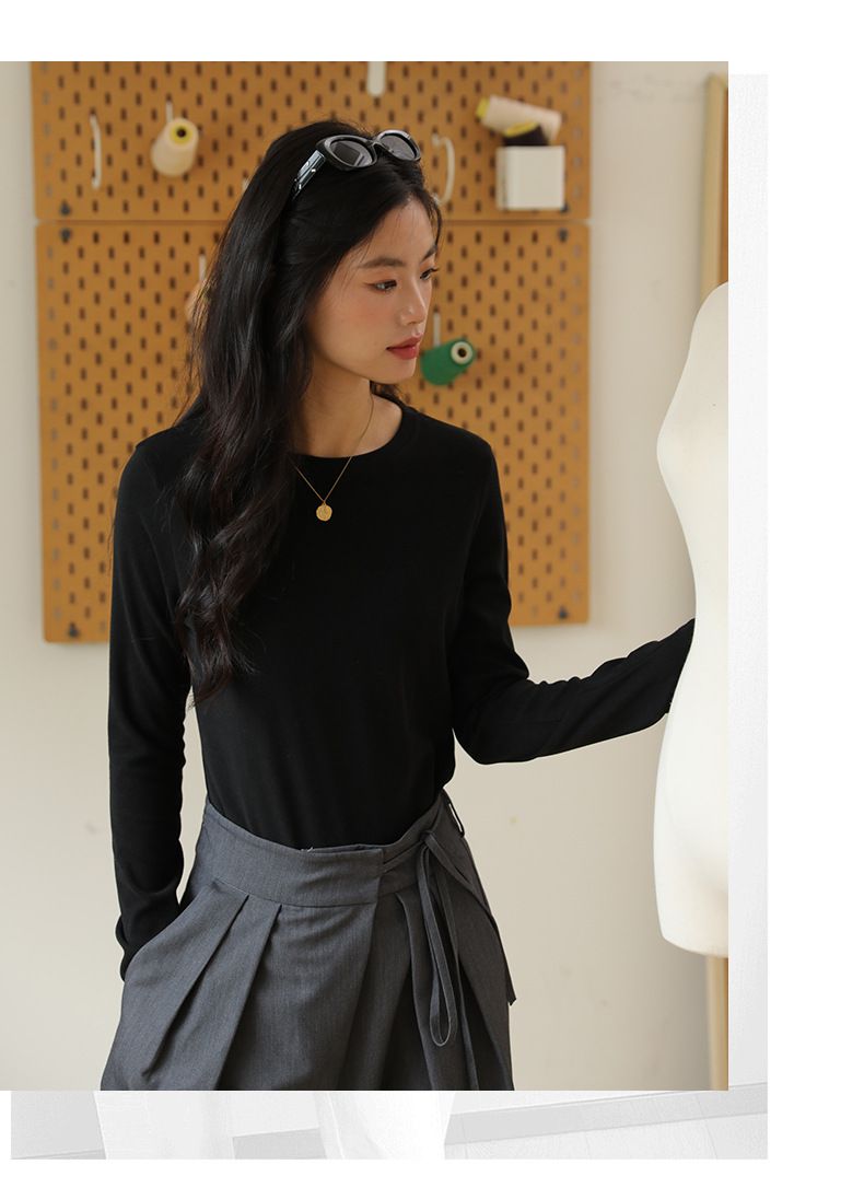 加絨暖暖長袖上衣-圓領-咖啡色 (F(建議40-70kg))