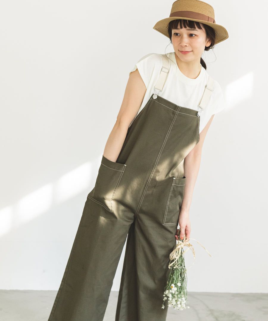 日本 PAIRMANON - 撞色大口袋吊帶褲(媽媽)-墨綠 (FREE)