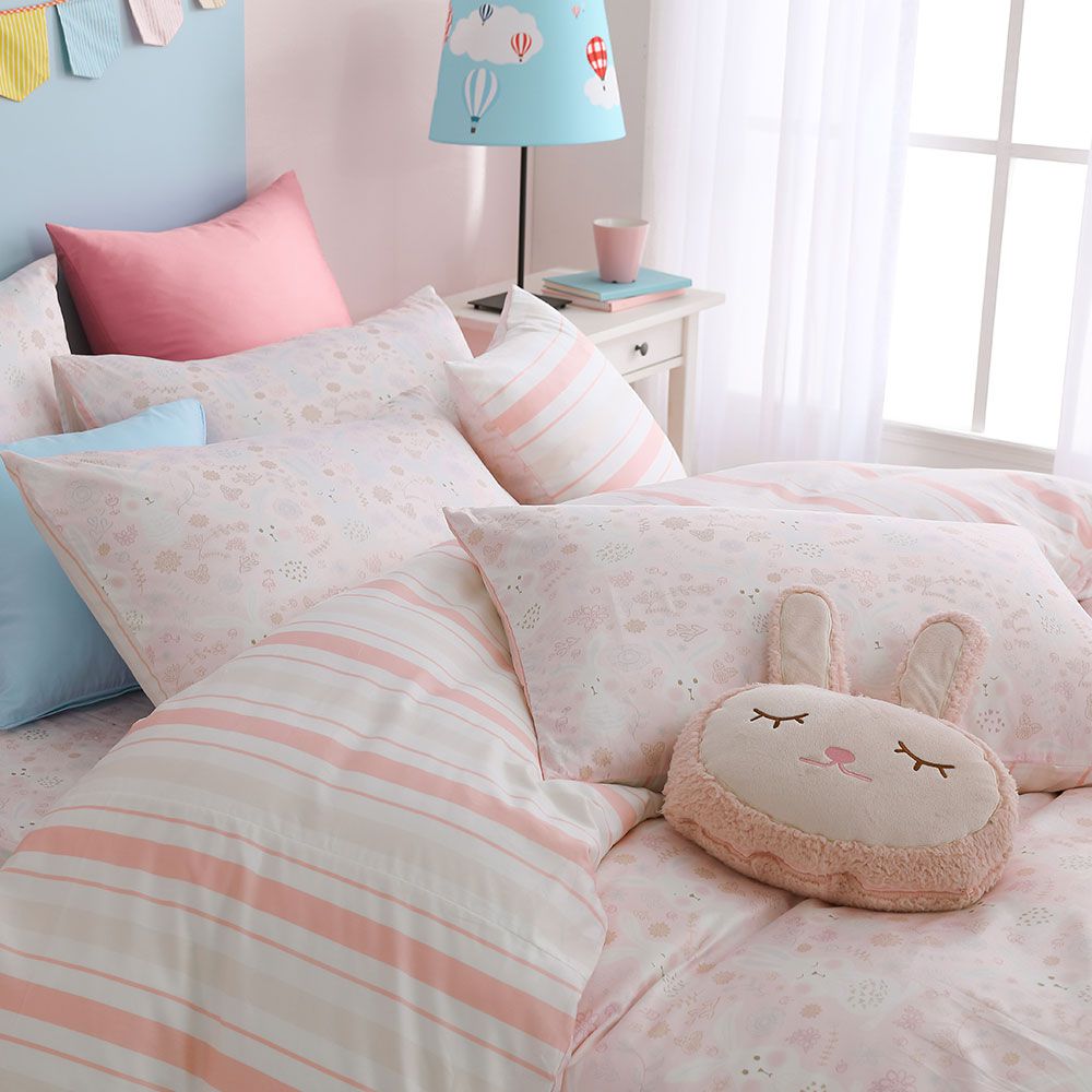 鴻宇 HongYew - 雙人加大床包薄被套組 美國棉授權品牌 300織-眠眠兔-粉
