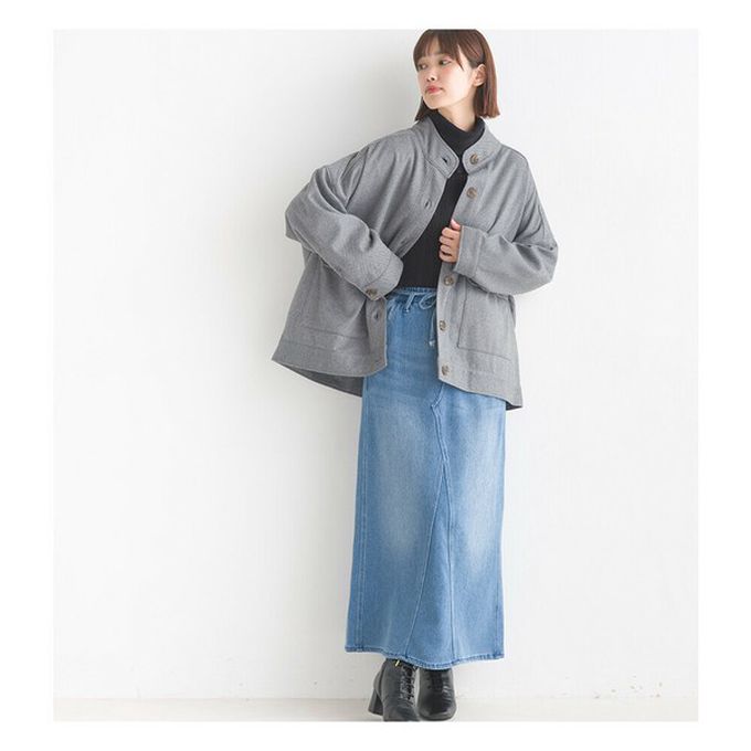 日本 OMNES - 人字紋休閒口袋俐落短版大衣外套-灰