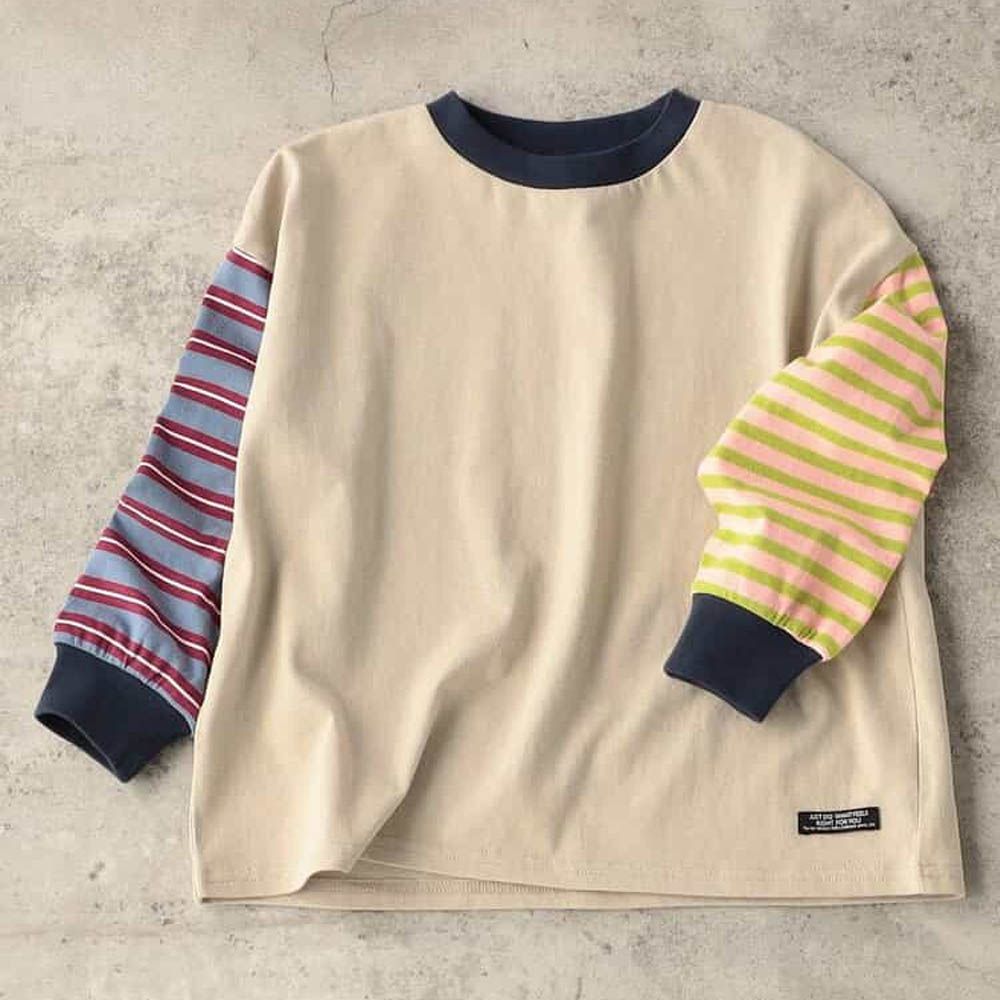 100%棉 定番款搭縮口長袖上衣-素面撞色-卡其X藍X粉紅