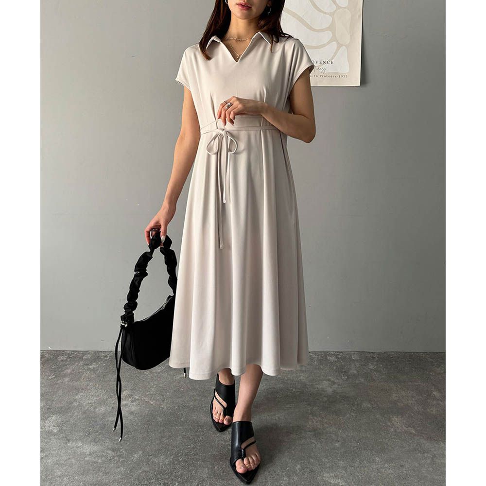 接觸冷感 優美V領腰綁帶短袖洋裝-短版-象牙白