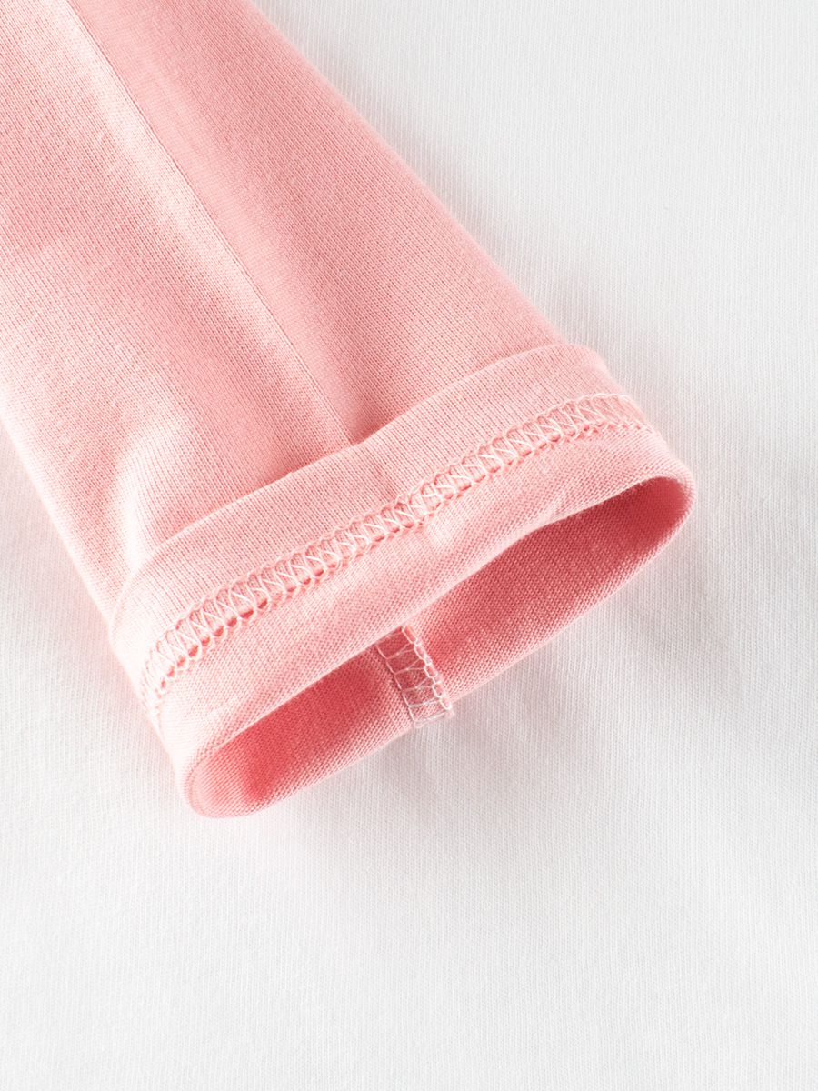 (大童)純棉圓領薄長袖上衣-紅衣熊熊-粉+白