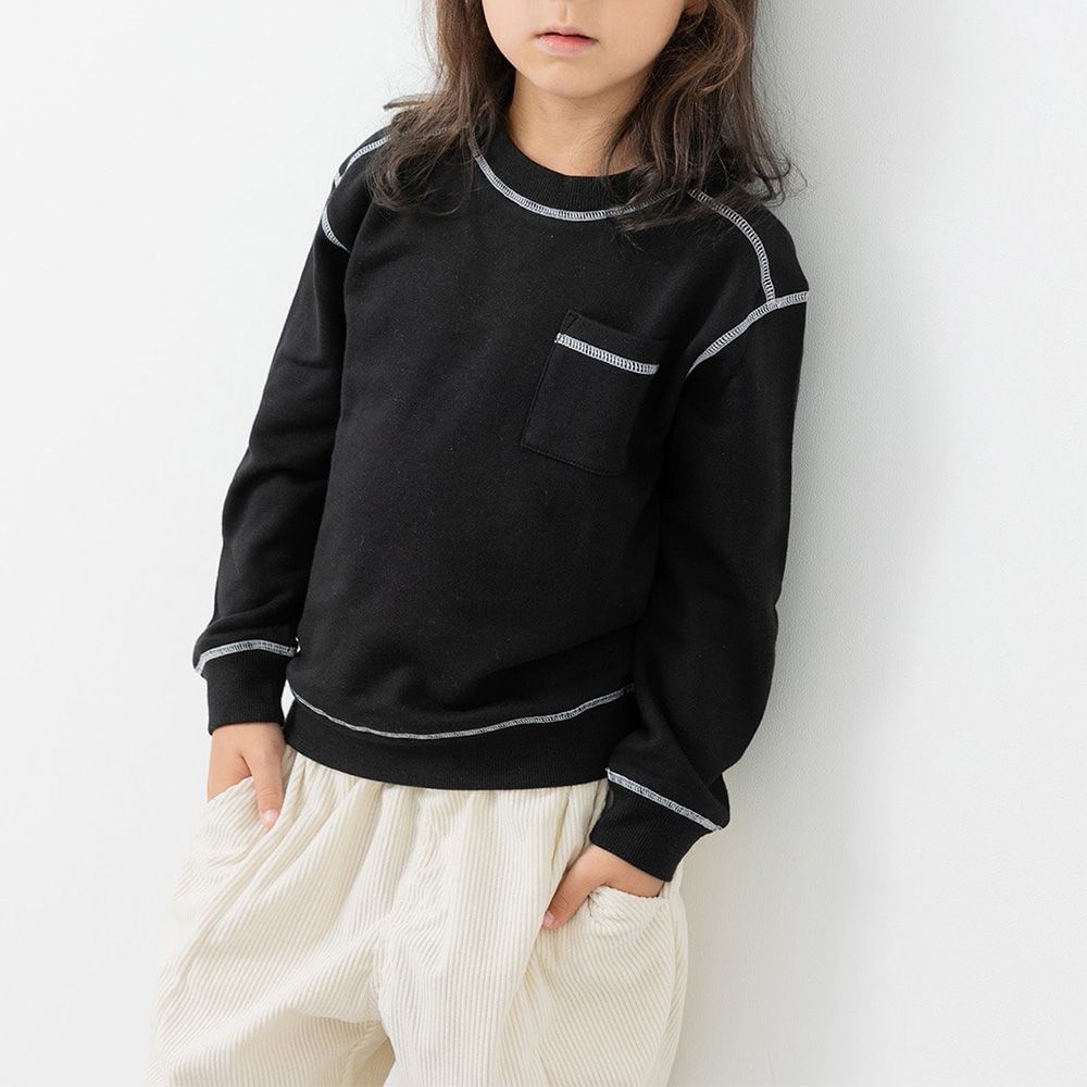 配色縫線簡約裏毛長袖上衣-黑x白線