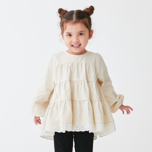 日本 petit main - 背後緞帶分層蛋糕長袖上衣-淺薄荷