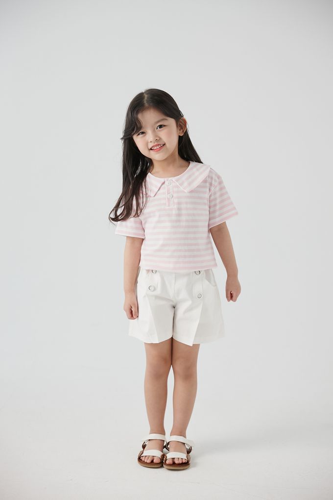 韓國 Coco Bang - 鬆緊腰裝飾釦抓褶短褲-深藍