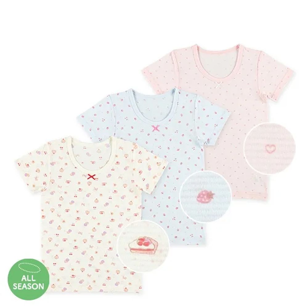 純棉 舒適內搭短袖上衣(3件組)-草莓&甜點&愛心-白藍粉