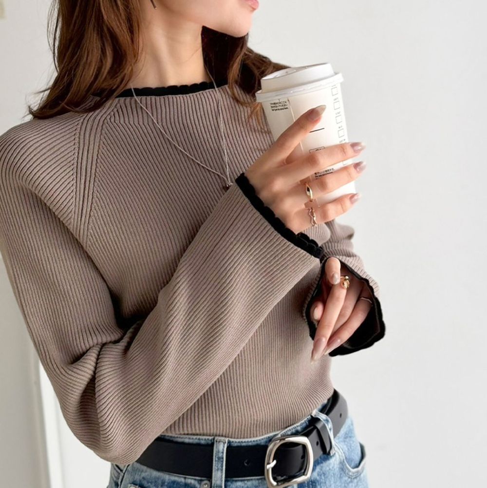 羅紋針織典雅滾邊長袖上衣-摩卡
