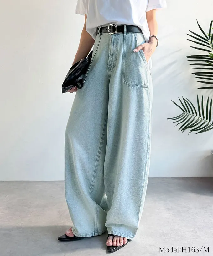 日本 Classical Elf - 圓弧修身廓形大口袋純棉丹寧褲-淺藍