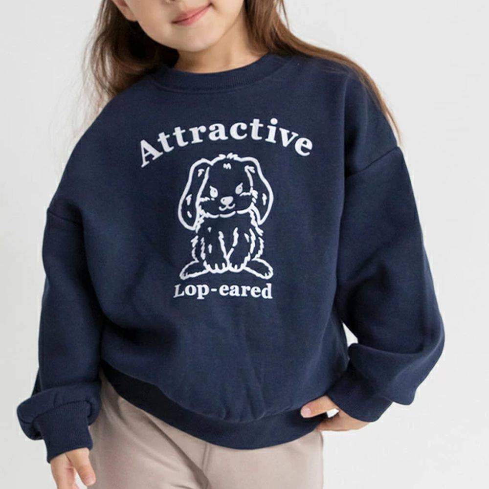 裏起毛 可愛女孩縮口長袖上衣-兔子-海軍藍