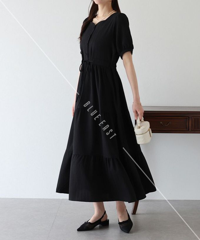日本 BLUE EAST - 桃心領氣質分層短袖洋裝-黑