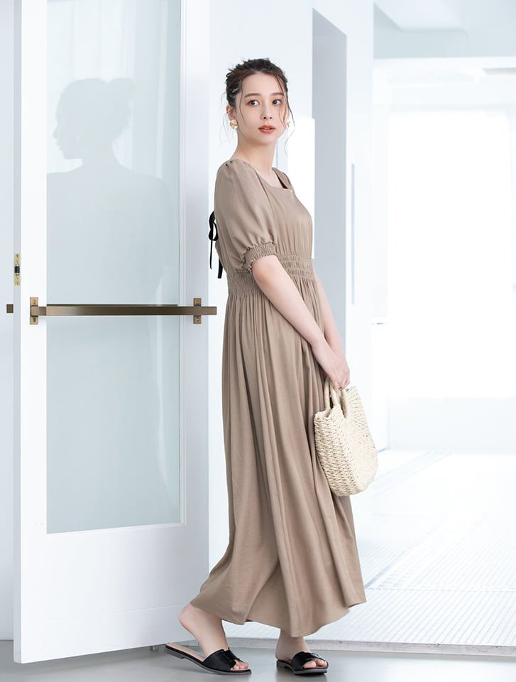 日本 fifth - 美背綁帶方領五分袖縮腰長洋裝-摩卡