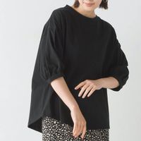 日本 OMNES - 撥水加工 圓領泡泡五分袖上衣-黑