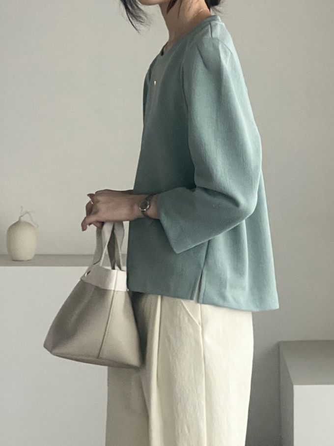 韓國女裝連線 - 設計感抓褶拼接八分袖上衣-藍綠 (FREE)