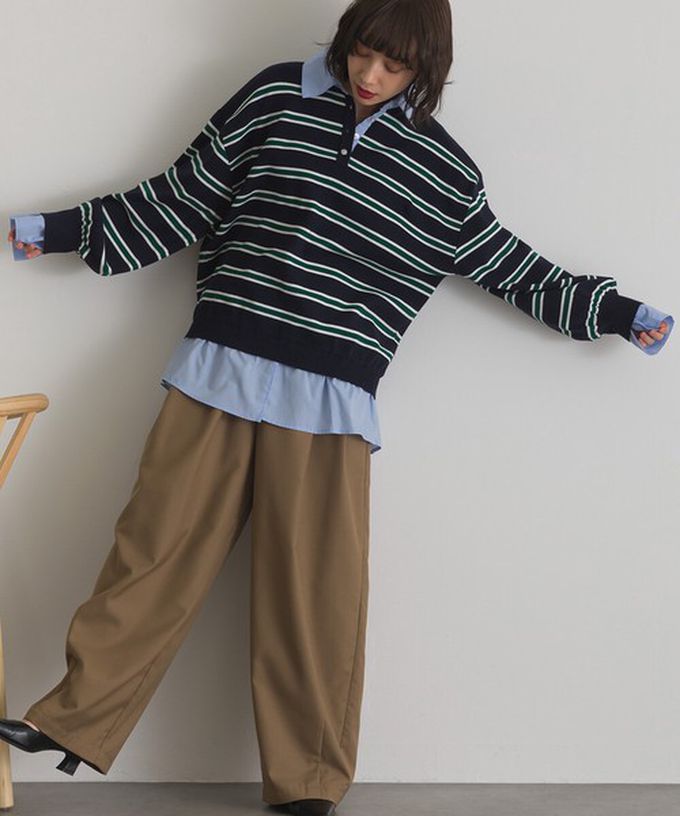 日本 ELENCARE DUE - 假二件襯衫領輕盈落肩長袖上衣-黑x白