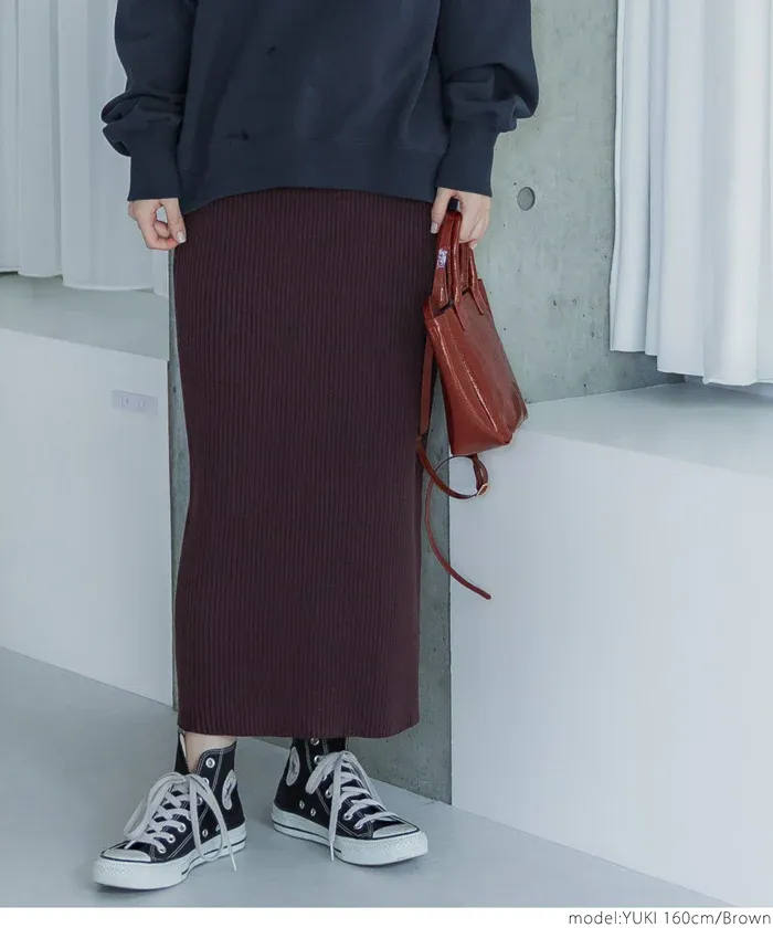 日本 COCA - 顯瘦百搭羅紋彈性長裙-灰棕