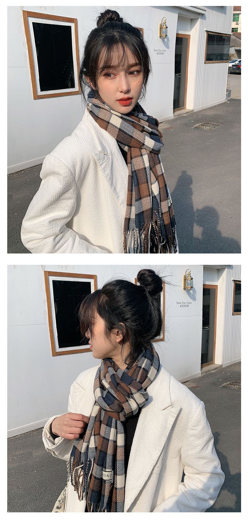 仿羊絨多彩格紋暖暖圍巾-灰+棕 (200x70cm)