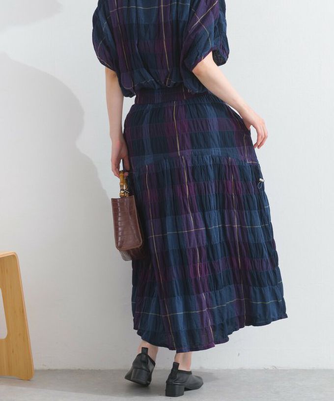 日本 Lupilien - 印度棉 皺皺文青格紋側抽繩長裙-橘