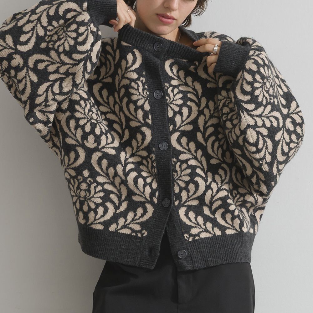 盛開花卉針織寬袖開襟衫/外套-炭灰