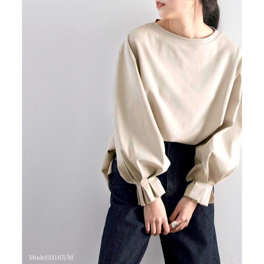 100%棉 船領顯瘦糖果袖上衣-淺卡其