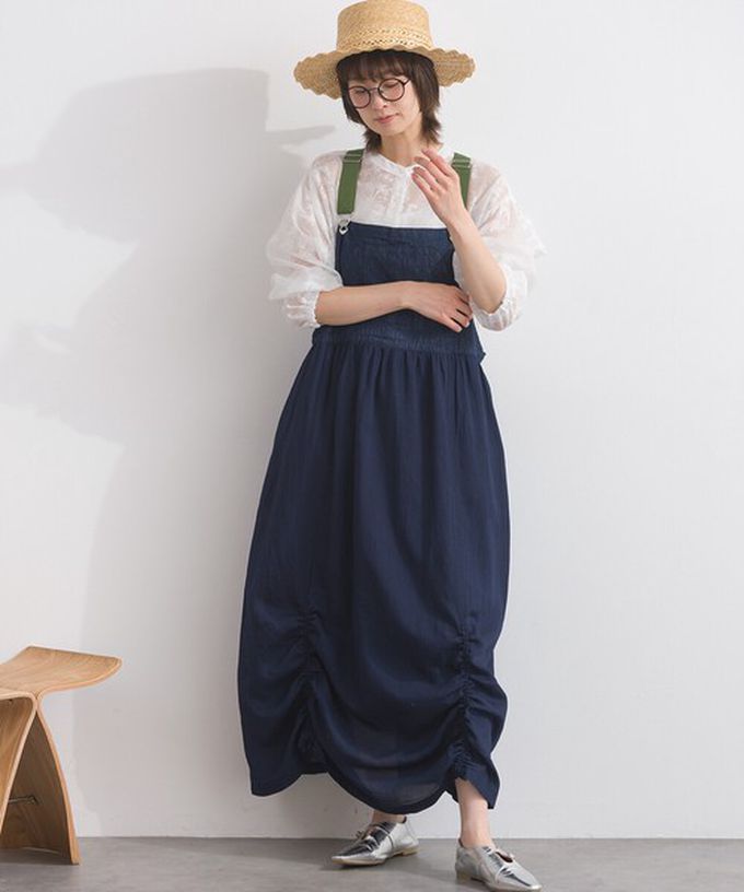 日本 Lupilien - 拼接風抽繩飄逸薄牛仔吊帶洋裝-藍灰系