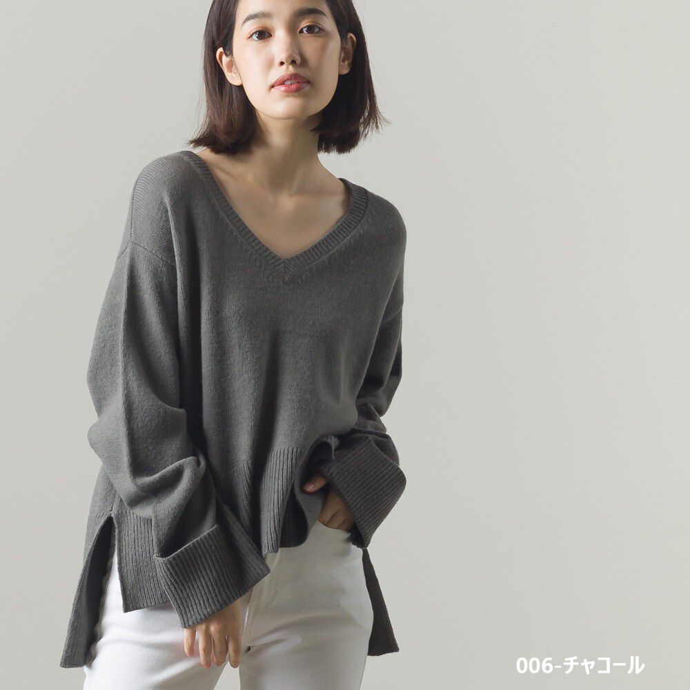 日本 OMNES - V領前短後長長版袖針織毛衣-深灰 (Free size)