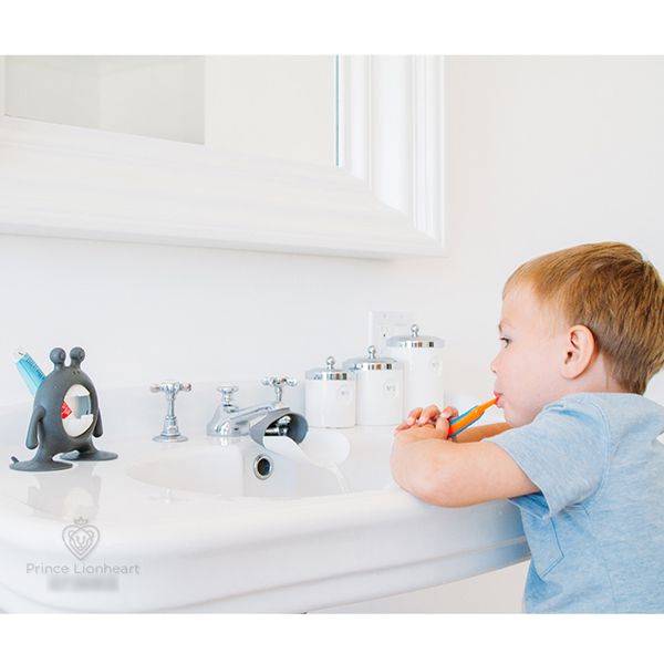 美國PRINCE LIONHEART - 洗手刷牙學習組-兒童洗手引水器(水龍頭延伸器)+怪獸牙刷牙膏整理架(吸盤底座)+多功能二階防滑凳各1個-銀河灰