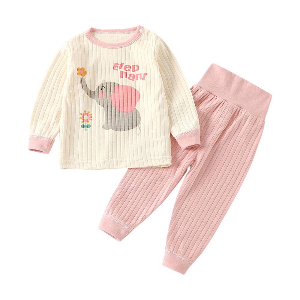 高腰長褲 長袖套裝 寶寶開檔長褲 兒童肩扣長袖上衣-粉小象